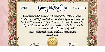 UMSAGUR VE DYLTP'DEN SİNEM ELGÜN YÜZGÜL'E 'GURME' SERTİFİKASI